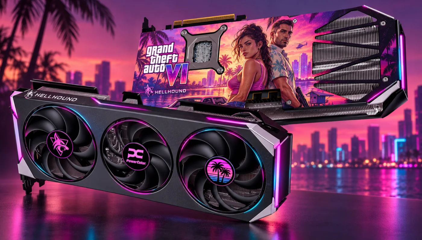 Concept render: the Hellhound GTA VI edition card, three fans with pink and aqua lighting, its Vice City backplate standing behind it