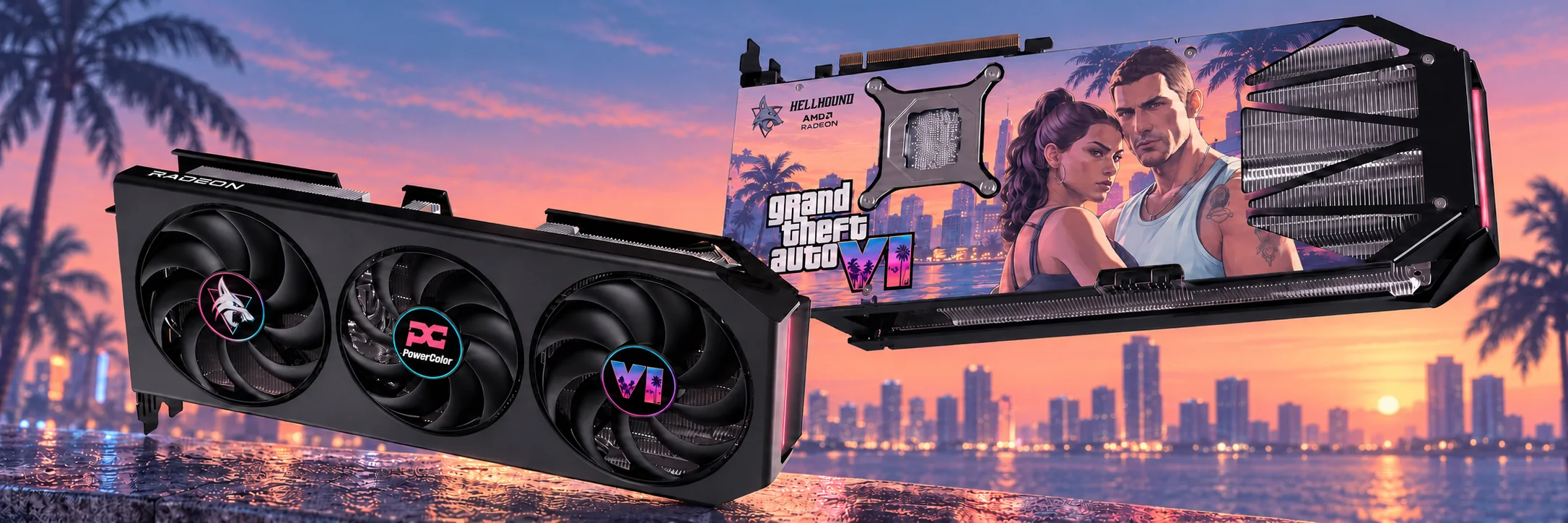 Hellhound GTA VI graphics card concept: a PowerColor Hellhound AMD Radeon with three fans and a Grand Theft Auto VI backplate, Vice City sunset behind it