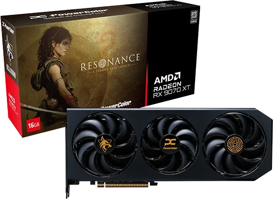 PowerColor Hellhound Radeon RX 9070 XT Resonance Edition card in front of its Resonance box